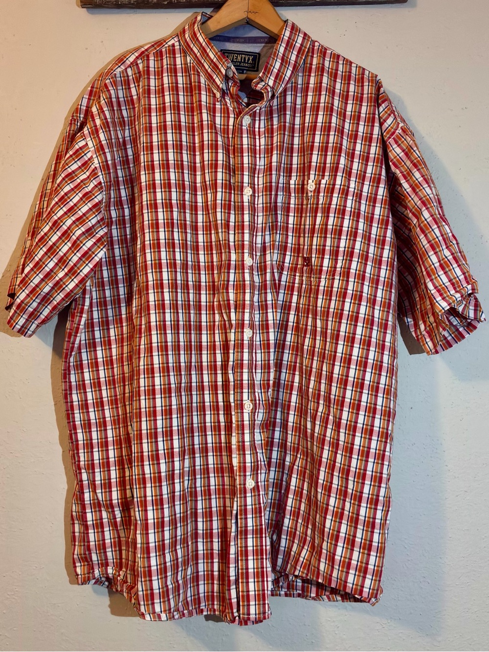 Wrangler TwentyX Plaid Button Down Shirt Short Sleeve Orange Red White XXL